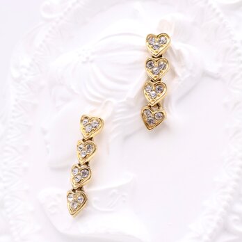 【フランス買付】ヴィンテージ ハート×ラインストーン ゴールドイヤリング＊Romantic Shine1980s