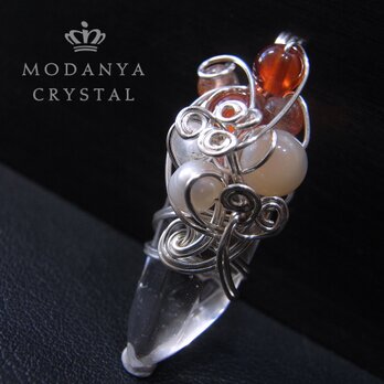 ポイント水晶+サンストーン+カーネリアン+マザーオブパールのワイヤーペンダントトップ1485