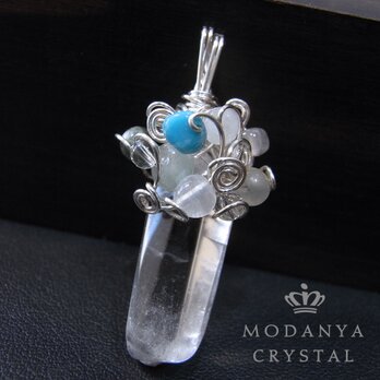 ポイント水晶+ターコイズ+セラフィナイトのワイヤーペンダントトップ1489