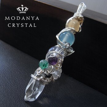 イエローカルサイト+シーブルーカルセドニー+パープルフローライトのワイヤーワンドペンダントトップ1490