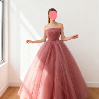 美品！カラードレス ローズピンク ベアトップ 可愛い チュールスカート 編み上げ 前撮り