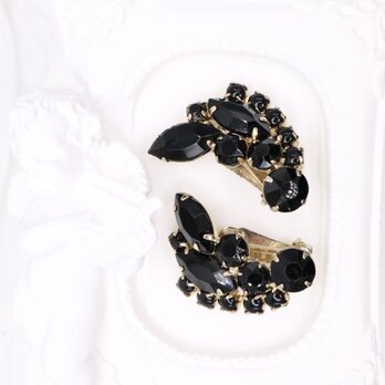 【アメリカ買付】ヴィンテージ ブラックジェット×リーフラインストーンイヤリング＊Noir Elegance1950s