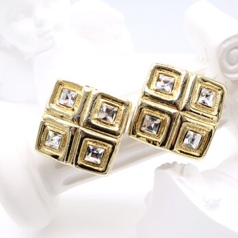 【フランス買付】ヴィンテージ ゴールドトーン×クリアスクエアストーン イヤリング＊Modern Classic1980s