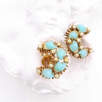 【アメリカ買付】ヴィンテージ ミルクガラス×ターコイズブルーイヤリング＊Mid-Century Glam1950s-1960s