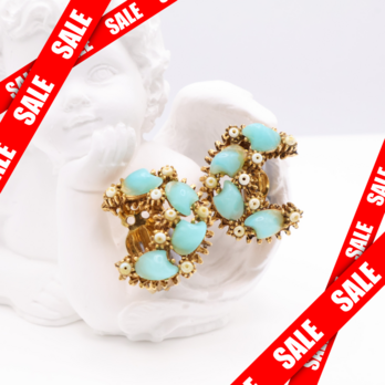 【アメリカ買付】ヴィンテージ ミルクガラス×ターコイズブルーイヤリング＊Mid-Century Glam1950s-1960s