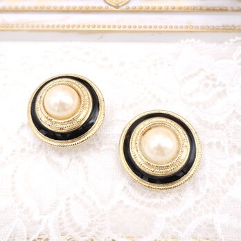 【Richelieu】 ブラックエナメル×パール イヤリング＊French Classic Elegance1980s