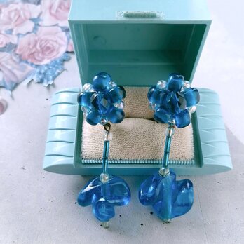 blue aurora clear glass beads cluster dangle ヴィンテージイヤリング