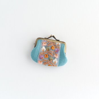 インド刺繍リボンのミニがま口　青緑