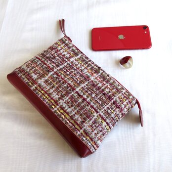 ツイードポーチ／暗い赤の皮革