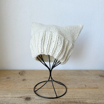 おとなのシンプルねこ耳＊ふんわりニット帽《オフホワイト》