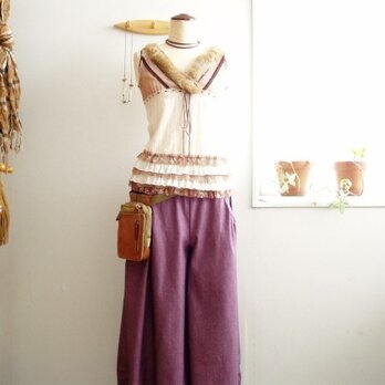 ピンク×紺ツイルちょい長丈のキュロットスカートの画像