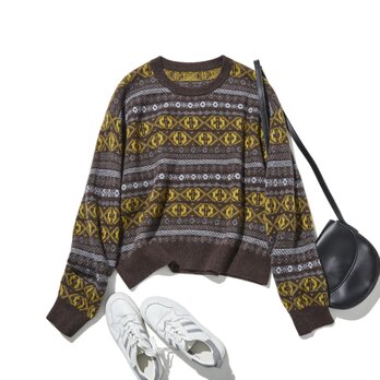 一枚であたたかく、華やか。北欧風ジャガードが彩る、ウールとカシミヤ混紡ニット　セーター　ブラウン　251205-1