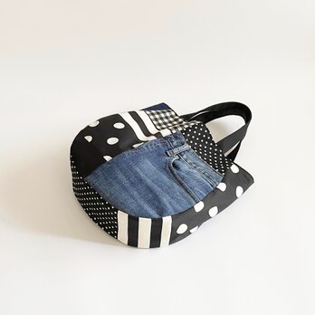 【1点限定】デニム パッチワークバッグ（ドット・チェック・ボーダー・A4対応）