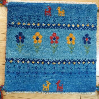ペルシャ　ギャッベ　ミニマット　ラグ　横38.5x38cm　青色　花　生命の木　羊　Z71