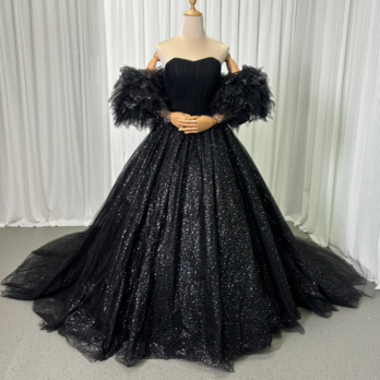 豪華！パーティードレス ブラック フリル袖 キラキラチュール プリンセスライン ロングトレーン 編み上げ 披露宴