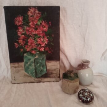 オリジナル油絵。アスターと花瓶。
