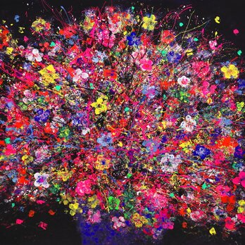 「Flowers」(NO.2527) 15号F 画紙にアクリル絵の具 送料無 額付き 画像をクリックすると全面画像になります