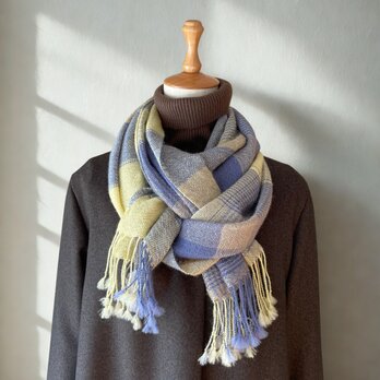 ベビーアルパカ手織りロングストール（クリーム×ブルー×ベージュ）