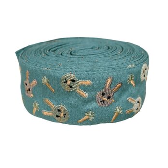 インド刺繍リボン50cm切り売り うさぎとニンジン ブルー 5cm幅 HC ラビット バニー 兎 R-0808