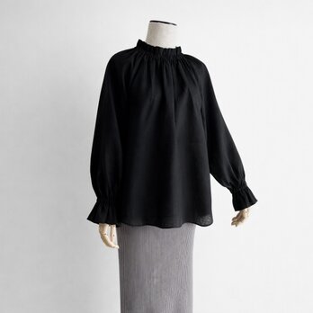 フリルカラー キャンディースリーブ 長袖プルオーバー ブラウス｜リネン100%_Black