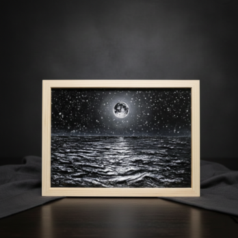【油絵 原画】白黒の満月の海 | 絵画 油彩画 インテリア