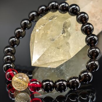 【最強守護・金運・健康】ゴールドルチルクォーツ レッドアンバー モリオン 8mm 親玉10mm ブレスレット