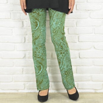 極上の穿き心地！ペイズリー柄のストレートストレッチロングパンツ　グリーン