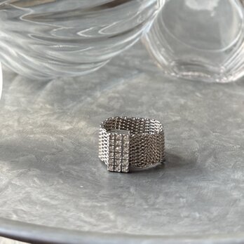R414-ヴィンテージリング U.S.A. 1970〜80's Clear Rhinestone Silver Mesh
