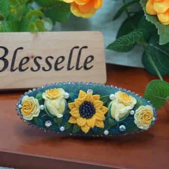 Blesselle 刺繍ヘアクリップ｜ひまわりとローズの小さな庭園