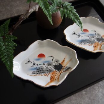 松鶴日の出図菱形皿二枚組　お正月　祝い膳