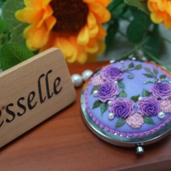 BlesselleCC 刺繍ミラー｜紫ローズとピンク紫陽花の雅やかな手鏡（両面ミラー）
