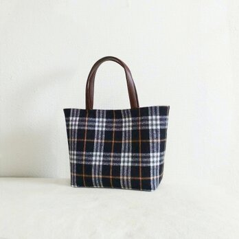 ウールタータンチェックxフェイクレザートートバッグ