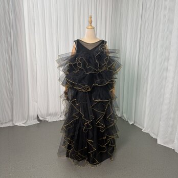 パーティードレス オーバードレス ブラック アシンメトリードレス ラッフルフリル ツーピース 音楽会 前撮り
