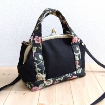 トートバッグ風　がま口ショルダーバッグ　ポシェット　21cm口金　薔薇柄　ブラック　539