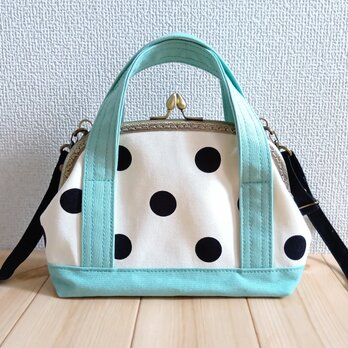 トートバッグ風　がま口ショルダーバッグ　ポシェット　21cm口金　ドット　ミントグリーン帆布　628