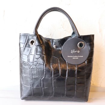 男女兼用 クロコ型押しミニバッグ ブラック 天然革 兼用 ハンドメイド12131