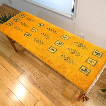 ペルシャ　ギャッベ ミニランナー　115x44cm  黄色　パネル　生命の木　ヤギ　羊　RJ14331