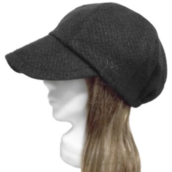 つば広キャスケット◆ラッセル織ウールネップニット／ブラック　◇ゆったりサイズ・寒い季節におすすめ・紫外線対策・小顔効果◇