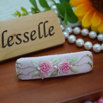 淡桜ローズ・可憐に咲く春色バレッタ｜手刺繍・シルク生地・一点物