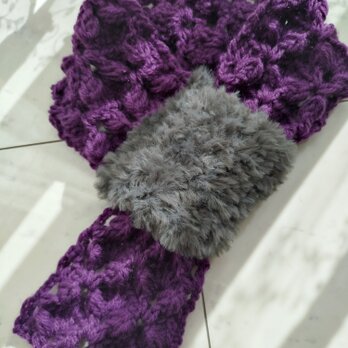【お客様の声から生まれた】マフラー ファー バタフライ ショート ループ 紫 パープル 手編み 編み物 編み