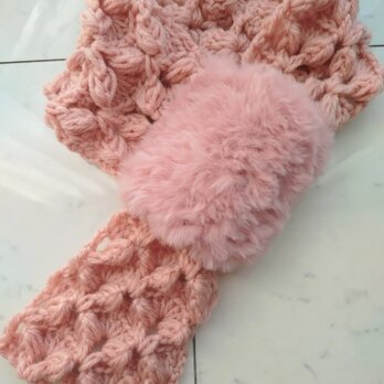 【お客様の声から生まれた】マフラー ファー ショート ループ バタフライ 花 柄 模様 ピンク 手編み 編み物 編み