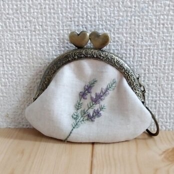 草花刺繍　がま口ミニポーチ　コインケース　キーホルダー　8.5cmハート口金　アクセサリーケース　亜麻色　575