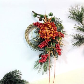 お正月 しめ縄リース 大輪マム（オレンジ）ns97 アーティフィシャルフラワー