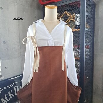 【背中がかわいい】エプロンドレス：ブラウン：コットン×リネン【1028】