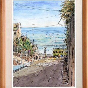 水彩画原画　江ノ電 日和・七里ガ浜の海　＃704