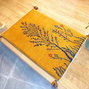 ペルシャ ギャッベ　玄関マット　ラグ　86x60cm　黄金色　生命の木　花　RJ15274
