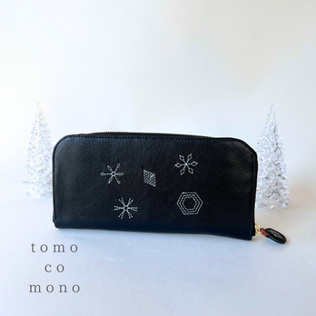 刺繍革財布『Ricca六花』牛革BLACK（牛革）：雅