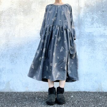 50％OFF★刺繍の小鳥とミモザ花柄＊大人の長袖ワンピース＊国産綿100％あったか起毛＊ポケット付＊クラシックグレー