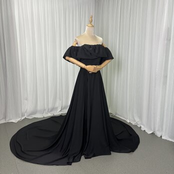 高品質！パーティードレス ブラック オフショルダー イタリアサテン ロングトレーン 披露宴