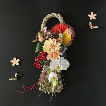 2026年☆お正月飾り★ダリアと胡蝶蘭のしめ縄飾り　しめ飾り　モダンしめ縄　タッセルしめ縄飾り　コチョウラン　つまみ細工　稲穂